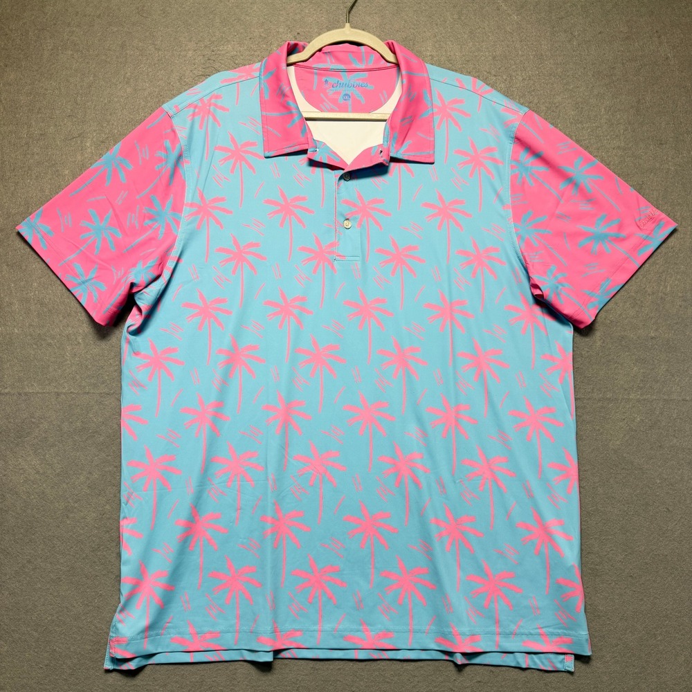 Chubbies Mens XXL Performance Polo Shirt Pink Palm Tree Blue Tropical